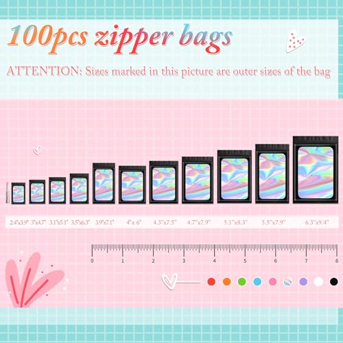 Funfery 100 pcs Black Mylar Holographic Bags Packaging Bags,Clear Resealable Bag Foil Pouch Bag for Food Storage and Lipgloss,Jewelry,Eyelash Packaging for Small Business(2.4x3.9Inch)4