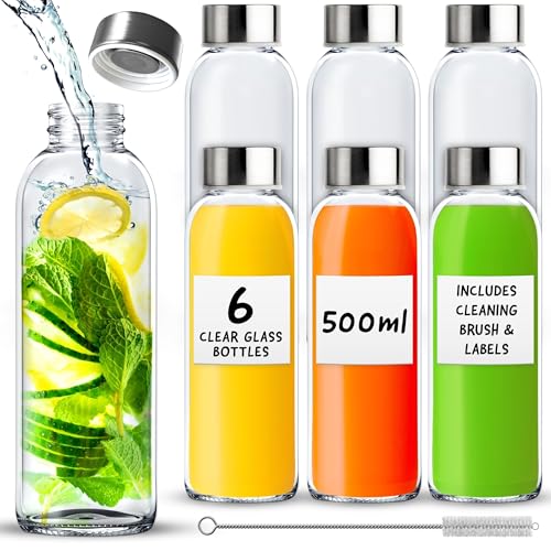 volila Trinkflasche aus Glas – 6er-Pack auslaufsichere Trinkflaschen für Saft, Milch und Smoothies – wiederverwendbare Glasflasche mit luftdichten Metallkappen, Bürste und weißen Etiketten (500ml)