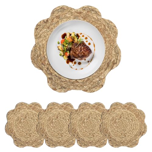 fanquare Braided Grass Placemats Set of 4, Round 12'' Boho Farmhouse Scalloped Edge Table Mats, Natural Brown Rustic Woven Table Décor for Dining, Wedding, Beach