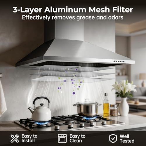 Image of 24 Inch Wall Mount Range Hood, Stainless Steel Range Hood 450 CFM, Ducted /Ductless Convertible Kitchen Hood with Push Button Control, 3 Fan Speed, 2 Pcs Mesh Filters