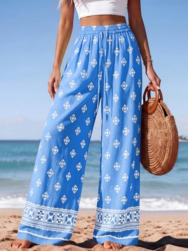Image of PRETTYGARDEN Womens Pants Elastic Waist Floral Lightweight Palazzo Pants for Women Casual Lounge Wide Leg Pants Woman