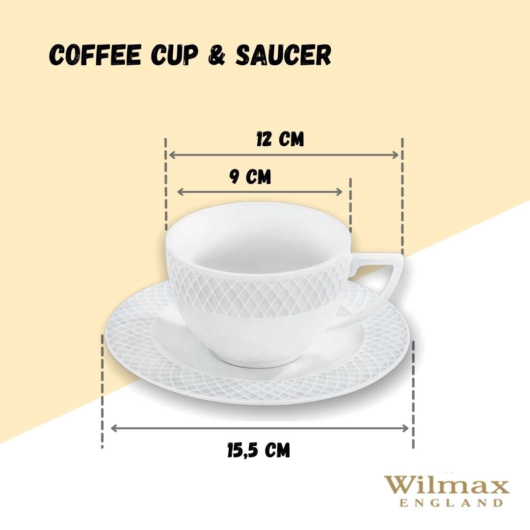Wilmax | Tassen mit Untertassen | 6er-Set | 240 ml | Kaffeetassen aus Porzellan | Weiß | Geschirrset für 6 Personen | Tassenset für Kaffee, Tee, Desserts | Kaffeeservice & Teeservice