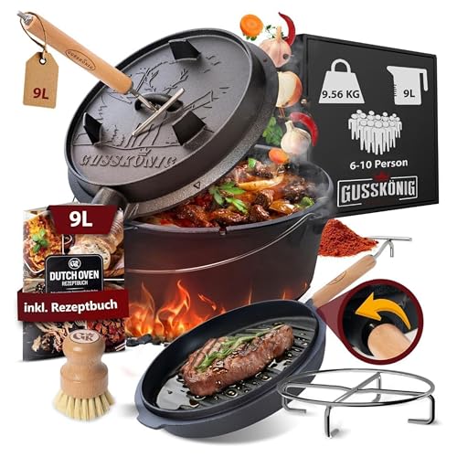 GUSSKÖNIG Dutch Oven Set-Eingebrannter Dutch Oven 9L [6-10 Person]-Feuertopf Gusseisen ohne Füßen-Schmortopf Doppelfunktion-2in1 Deckelheber,Untersetzer,Bürste,DutchOven Rezeptbuch-30 Jahre Garantie