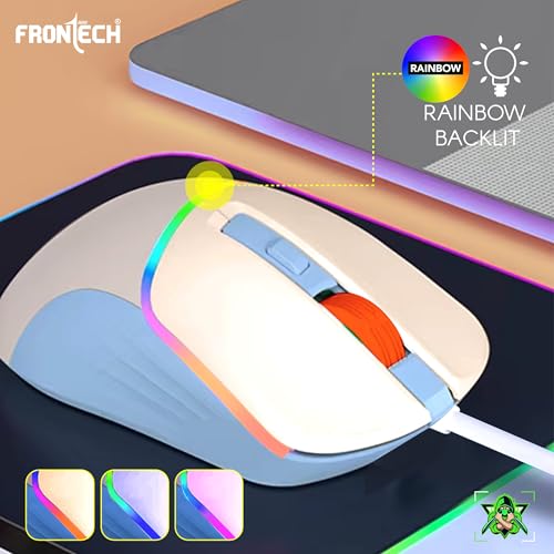 Image of FRONTECH MS-0105 Wired Gaming Mouse | 7200 DPI | 6 Programmable Buttons | 7-Color RGB Gaming Mouse Rainbow Lighting | Ergonomic Gaming Mouse | White & Blue | USB Interface | 1.5m Braided Cable