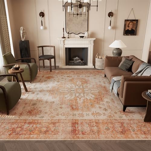 Vintage 8x10 Washable Area Rug, Low-Profile Large Area Rug with Non-Slip Backing & Durable Edge Binding, Pet-Friendly Carpet, Large Rug for Living Room, Bedroom, Dinning Room