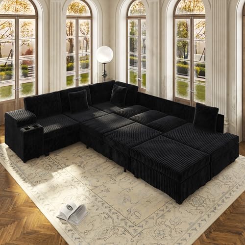 Image of KEIKI 110 inch L-Shaped Oversized Plush Corduroy Modular Sectional Sofa with Pull-Out Bed, Convertible 6-Seater Sleeper Couch Bed with 1 Ottomans & USB & Cup Holders, Easy Assembly, for Living Room, Black