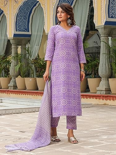 Image of GoSriKi Women's Cotton Blend Straight Printed Kurta with Pant & Dupatta