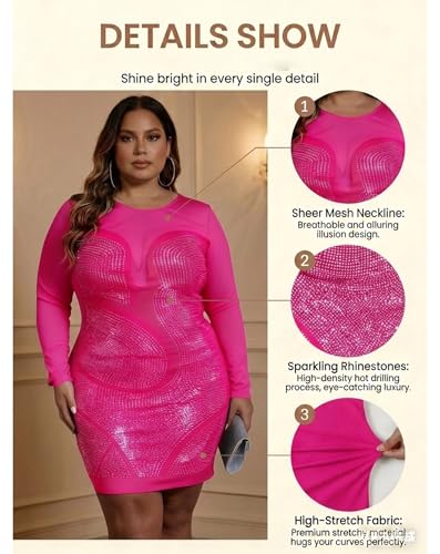 Image of IyMoo Womens Sexy Plus Size Long Sleeve Rhinestone Mesh See Through Bodycon Party Club Mini Dress Clubwear