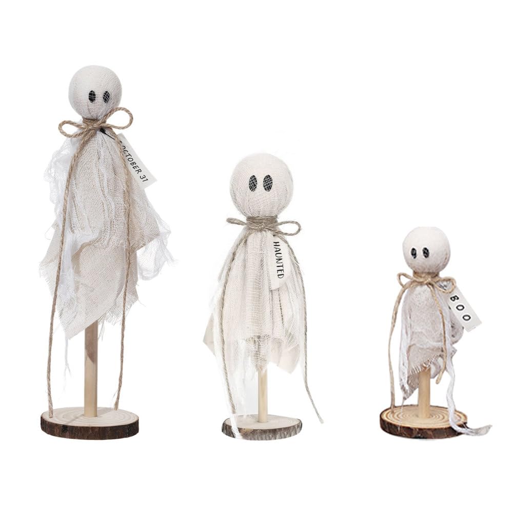 Dongker Wooden Ghost Figurine, 3 Pcs Fabric Ghost Halloween Decorations For Tiered Tray, Mantel, Table Centerpieces Halloween Party