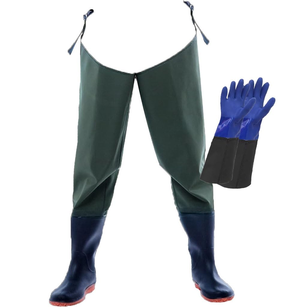 IBOWZ Vadeadores de Pesca Botas de pesca con vadeo de 86 cm de alto y guantes de pesca antideslizantes e impermeables de 46 cm de largo, adecuadas para pescar