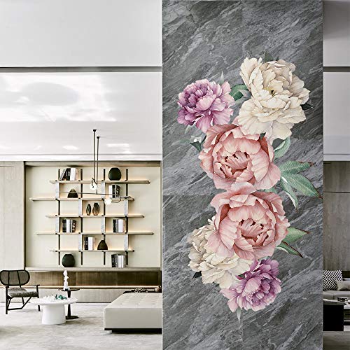 Peony Flowers Wall Sticker Peel and Stick Pink Floral Wall Decals Waterproof PVC Peony Rose Flowers Removable Floral Wall Decor Sticker for Living Room Bedroom Nursery Room
