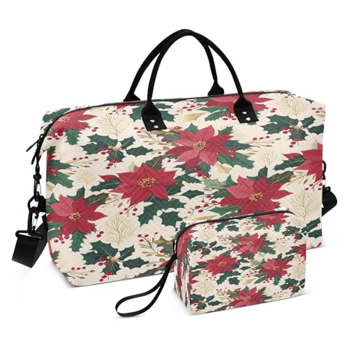 Weekender Bags Travel Duffel Gym Bag Poinsettias Holly Leaves Pattern Carry on Overnight Tote Bag with Toiletry Bag for Airplane Travel Trip Gym Yoga