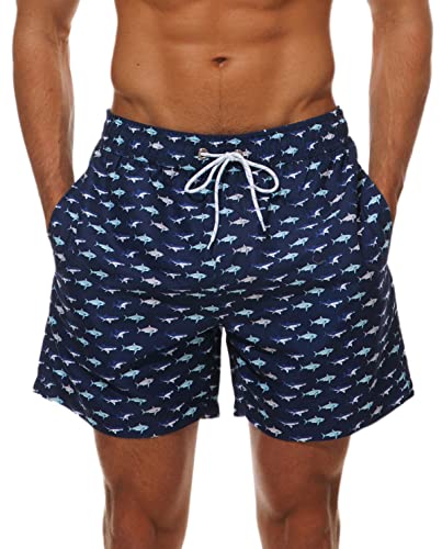Men's Swimming Shorts, Breathable Swimming Trunks, Quick Dry Board Shorts, Water Repellent Beach Shorts with Mesh Lining and Pockets(Small Fish,L)