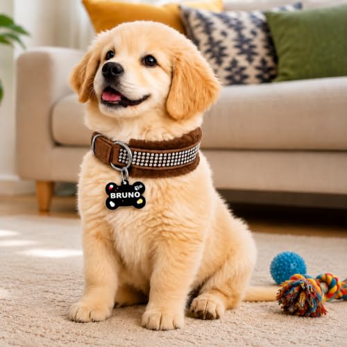 Image of Nylon Customized Dog Neck Belt Collar with Name ID Tag, Soft Fur Padded Dog Collar | for 36-45 Kilograms Dogs (XL, Brown),10 Cm,5 Cm