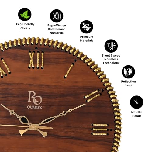 Image of Wooden Round Shape Roman Dial Wall Clock with Gold Zari Rope Detailing and Golden Hands | Silent Quartz Movement Anti Reflection Analog Vintage Clock for Home & Office (Brown, 15.5 Inch)