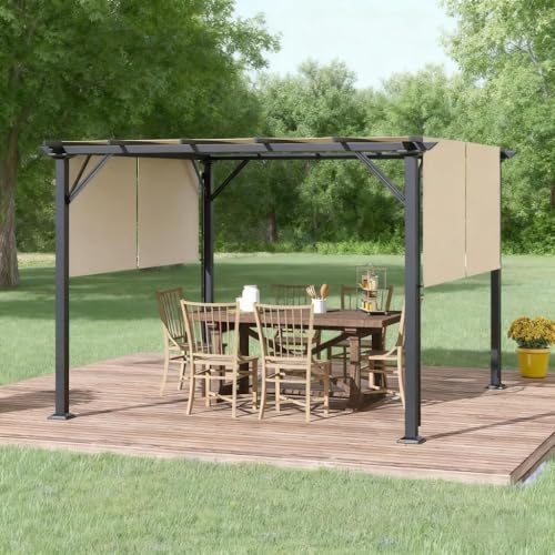 Outdoor Retractable Pergola Canopy, Steel Metal Frame, Beige Polyester Cover,