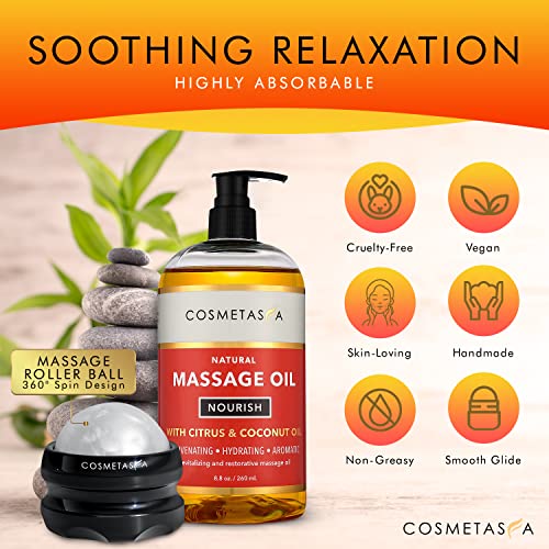 Natural Nourishing Massage Oil with Massage Roller Ball- Citrus & Coconut- Non Greasy, with Therapeutic Rejuvenating, Hydrating & Aromatic Essential Oils for Dry Skin, Soothes Muscles & Joints 8.8 oz