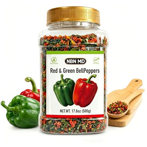 17.6oz Dehydrated Red & Green Bell Pepper Flakes for Ramen Soups Stews Noodles Gluten Free Vegetable Toppings & Seasoning Blend Dried Bell Peppers Mix