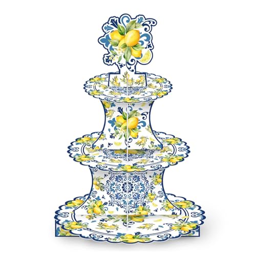 FloralGrace Support À Cupcakes 3 Niveaux Capri Citron Tour Dessert Tuiles Bleues Côte Amalfitaine Décoration Fête Agrumes De L’Italie Été...