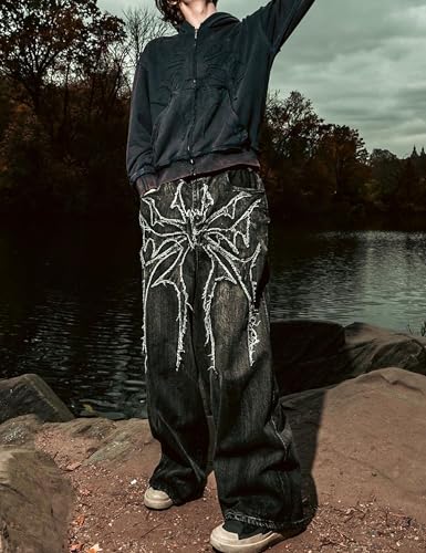 Y2K Goth Baggy Pants Wide Leg Ripped Jeans Embroidered Straight Leg Pants Vintage Hip Hop Grunge Denim Jeans2