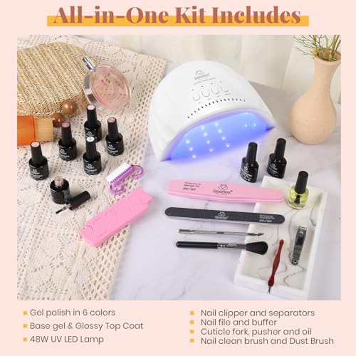 Image of Beetles Gel Nail Polish Kit with U V LED Light - 6 Colors Jelly Milky White Sheer Pink Nude Gel Polish Starter Kit Manicure,Soak Off U V Nail Polish Set Salon DIY