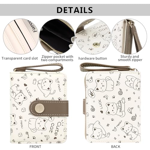 Image of Farcauo Cat Pattern Wallet for Women and Ladies Small Cute Kawaii Brown Coin Purse with ID Window and Credit Card Holder Compact Wallet for Women and Ladies