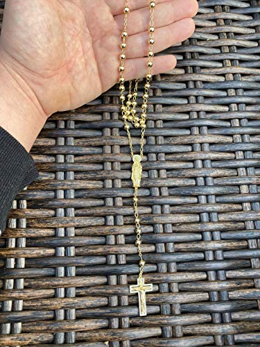 HarlemBling Solid 925 Sterling Silver Rosary Beads -14k Yellow Gold Finish - 36.5 Grams 6mm 30" - Men's Rosario Necklace Prayer Beads4