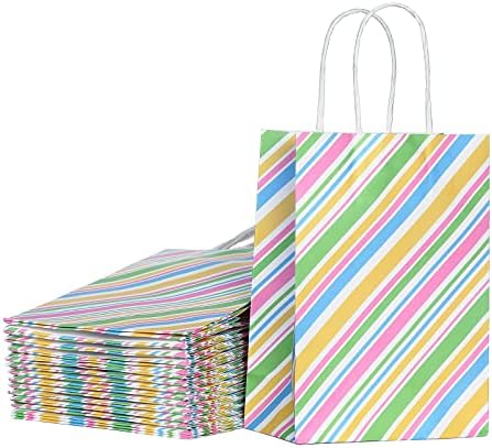 Bekoetoz 40 PCS White Kraft Paper Bags With Handles Bulk Gift Bags For Birthdays,Weddings,Baby Showers,Thanksgiving Christmas,Bridal Shower,Party Favor,Goodie Bags(Small,Stripe)