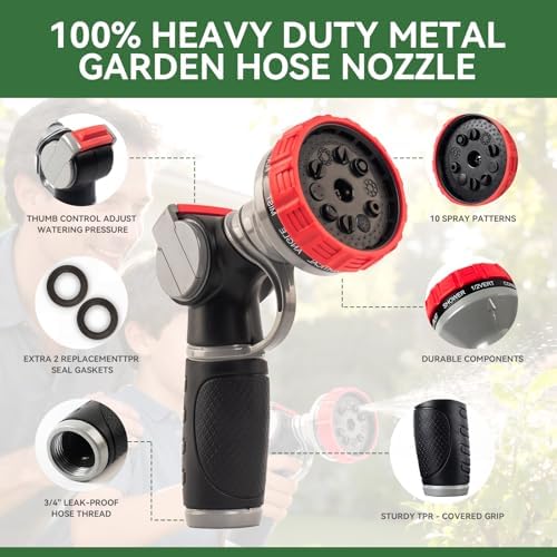 Garden Hose Nozzle,10 Adjustable Spray Patterns, Ergonomic Thumb Control Heavy-Duty Metal Spray Nozzle, Multi-Pattern Water Sprayer for Garden, Lawn, Car Wash (Thumb Control) - Thumbnail 4