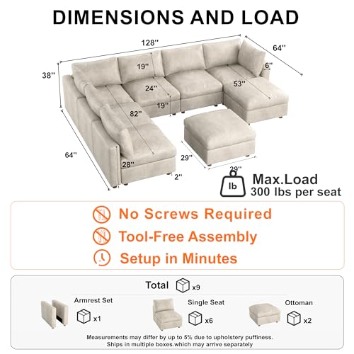 Image of 128'' Faux Leather Modular Sectional Sofa with Storage, Oversized Mid Century Modern Leather Sectional Couche for Living Room, 6 Seater Deep Seat Couch with 2 Storage Ottoman, U-Shaped, Beige