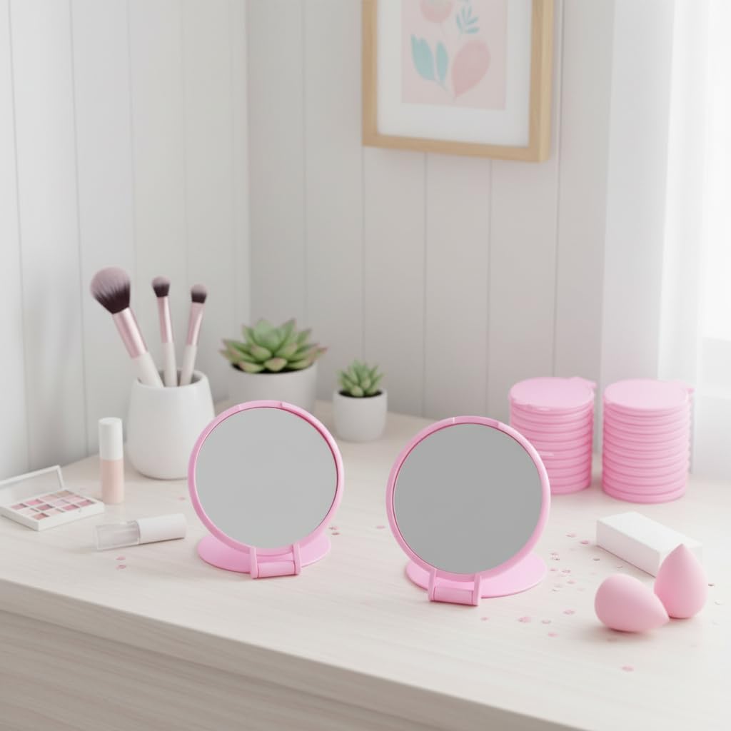 10 Pcs Pink Mini Folding Round Compact Mirror for Purse, Vintage Portable Pocket Mirror Travel Makeup Mirror for Women Daily Use