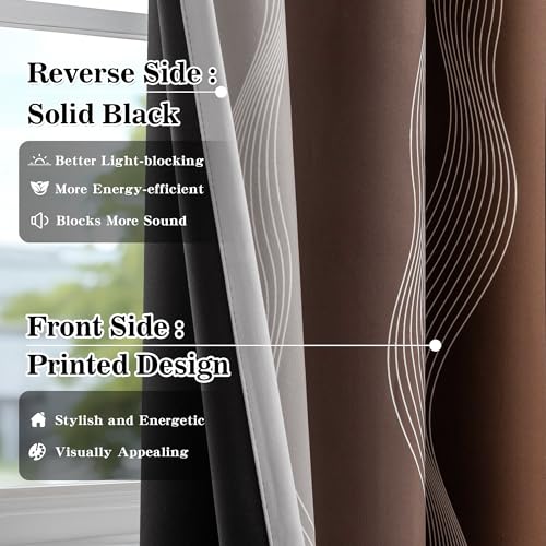 Image of MYSKY HOME Brown and Greyish White 95% Blackout Ombre Geometric Curtains 96 inch Long 2 Panels Set for Living /Dining Room Kids Room Thermal Insulated Wave Line Foil Print Design Grommet Drapes, 52 inch W