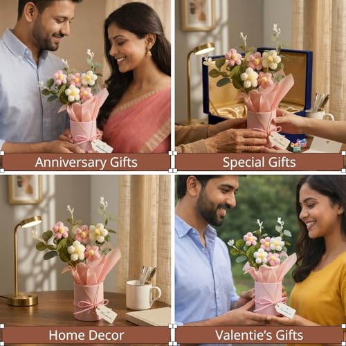Image of Panchhi Store Handmade Crochet Flower Bouquet in Pink Vase, Aesthetic Room Decor for Bedroom, Unique Birthday Gift for Women & Girls, Anniversary Couple, Boho Artificial Table Decoration Items 1 pcs
