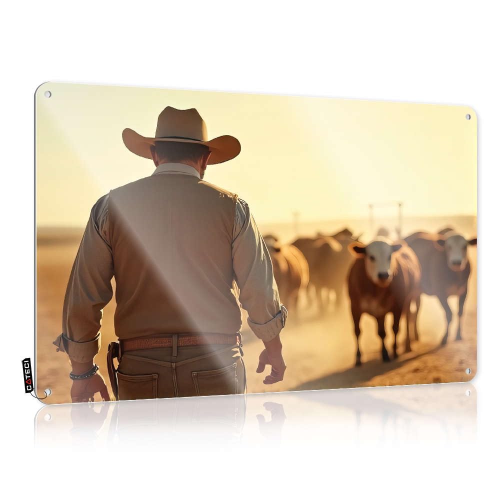 Tapestry Gift For Dad Poster - A Cowboy Leads His Herd Of Cattle. Weathered Metal Wall Art Ready To Hang For Restroom(30X40CM)