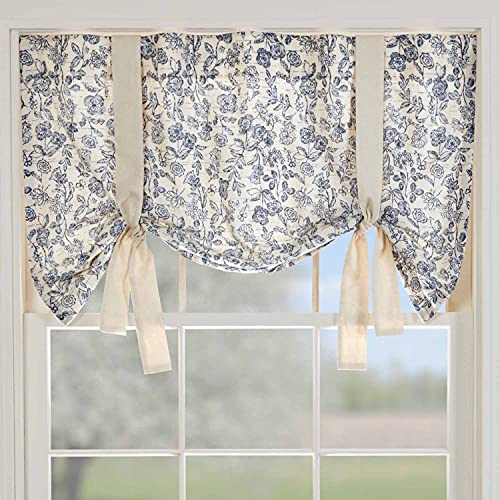 Piper Classics Doylestown Blue Floral Roman Tie Up Valance Curtain, 40' W x 24' L, Blue & Cream...