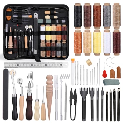 52 Stück Leder Nähen Set Leder Werkzeug Set Leders Nähwerkzeug mit 10 Farben Gewachster Faden Krappenstanzwerkzeuge Lederlocher Nähnadel Druckzahnwerkzeug Nähahle für Lederbearbeitung