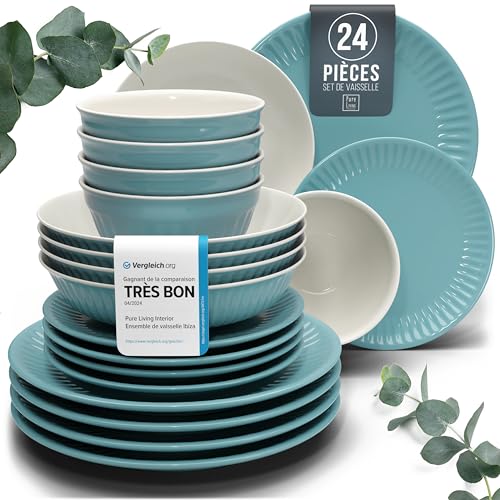 Service de vaisselle en grès pour 6 personnes HYGGE 24 pièces - Design scandinave élégant - Set de bols et assiettes - Service de table pour 6 en design strié - Pure Living vert
