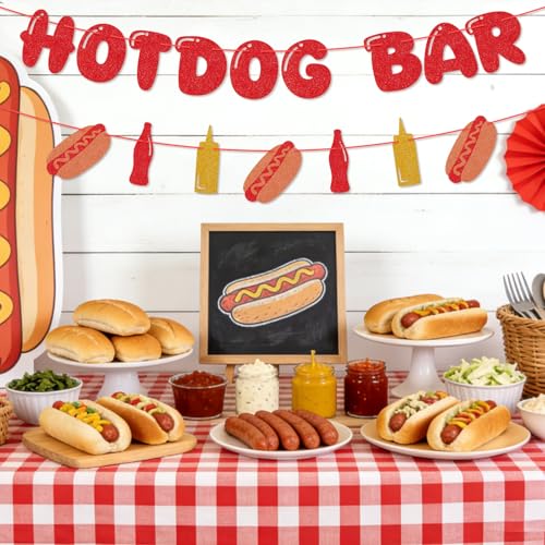 Image of Hooqict Happy Birthday Banner Hotdog Birthday Party Decorations Hot Dog Party Banner Garland Sign for BBQ Picnic Sports Game Day Party Decorations Supplies