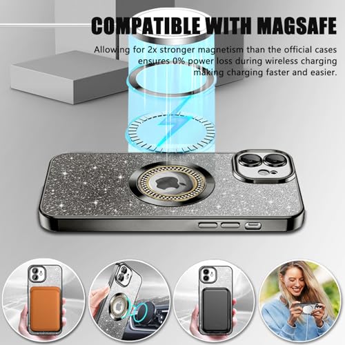 Image of Misscase for iPhone 11 Magnetic Glitter Case Compatible with MagSafe,Full Protection Slim Shockproof Anti-Scratch Case with Camera Lens Protector Logo View Dust-Proof Net for Women Black