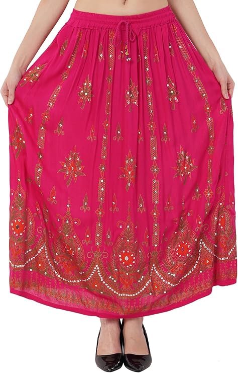 Women's Yoga Summer Elastic Trendy Beach Sequined Crinkle Broomstick Boho Long Skirt Bohemian Maxi Free Size