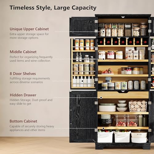 Image of Ball & Cast 78″Tall Farmhouse Kitchen Pantry Cabinet with 8 Door Shelves & 1 Large Drawers,Versatile Pantry Storage Cabinet w /4 Adjustable Shelves and 7 Wine Rack for Kitchen,Dining Room,Retro Black