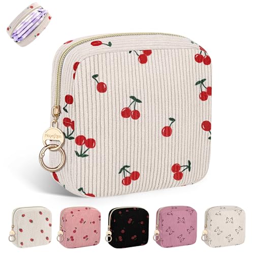 Pequeño Neceser para Compresas Bolso de Almacenamiento de Compresas Algodon Tampones Bolsa Menstrual con Cremallera de Servilletas Sanitarias Bolsas Regalo para Adolescentes Niñas(Beige-Cerezas)