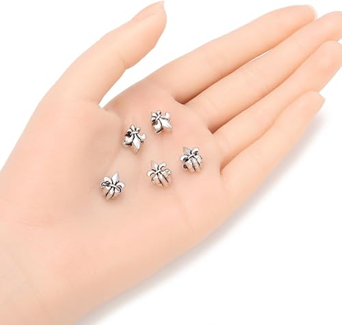Miniatura 2 de 10pcs Flor De Lis Iris Lily Gran Agujero Perlas Sueltas (Tamaño del Agujero 0.177 in) Pendientes de Tono Plata Antigua Pulsera Collar Tobillera
