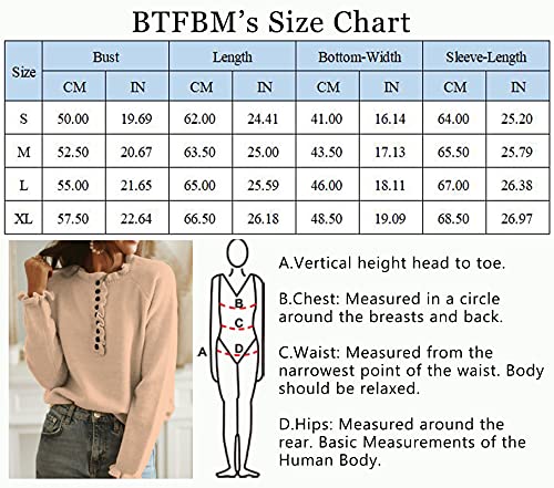 Btfbm Women's Sweaters Casual Long Sleeve Button Down Crew Neck Ruffle Knit Pullover Sweater Tops Solid Color Striped(Solid Khaki, Large) #TOP4