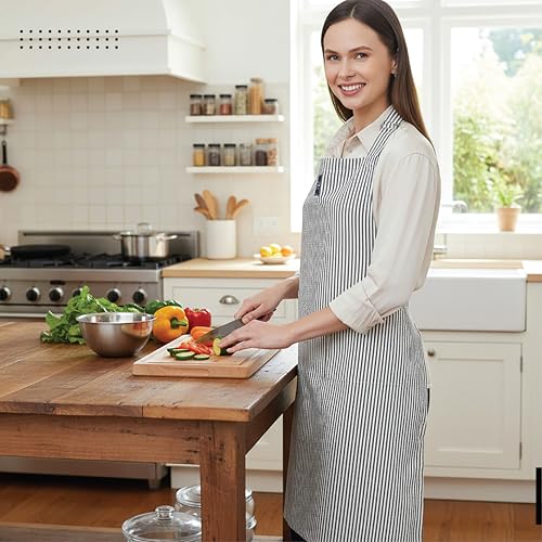 Image of Encasa XO 100% Cotton Apron Set for Women & Men with Adjustable Apron, Oven Gloves & Pot Holder (Pack of 3) Combo, Heat-Resistant, Soft & Durable for Cooking, Baking & Grilling (Ticking Black)