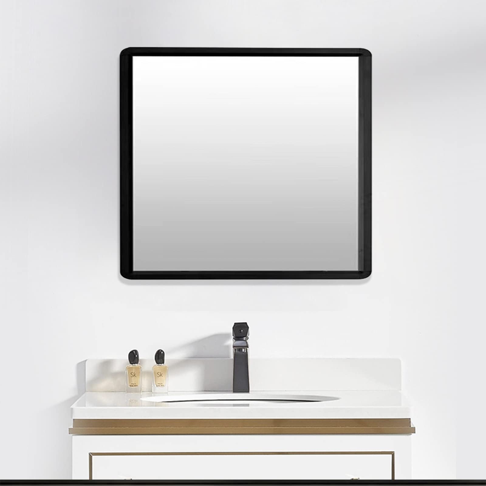 Hosoncovy 30CM Square Metal Frame Bathroom Wall Mirror Hanging Mirror Makeup Mirror for Bathroom Living Room Bedroom Home Decoration (Black)