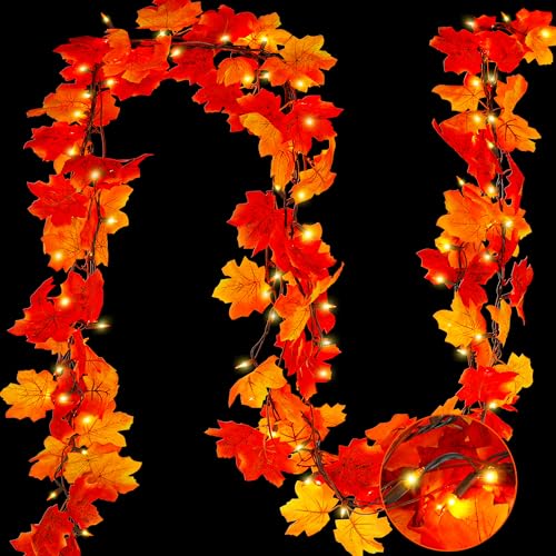 9FT Fall Decor Fall Decorations for Home, 50 Orange Bulbs Plug in Fall Garland with Lights, Connectable Maple Leaves Light for Indoor Outdoor Festival Decorations Fireplace Party