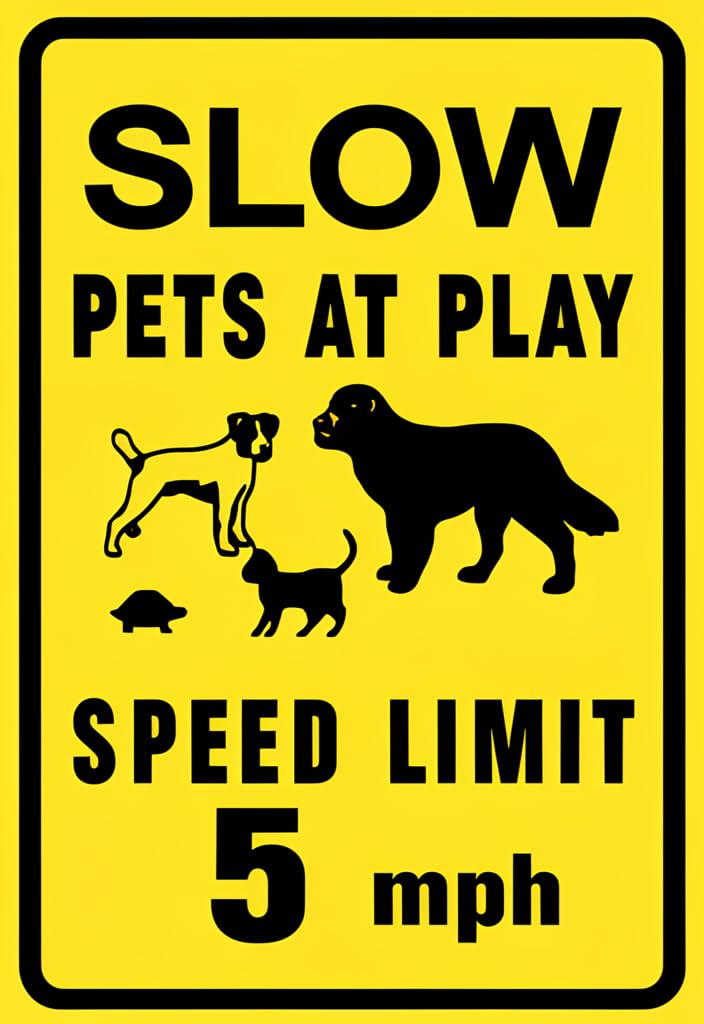 peiyeety Slow Pets at Play Tin Sign 12x8 Inch, Yellow Speed Limit 5 mph Metal Wall Decor with Dog Cat Turtle Silhouettes, Funny Pet Lover Warning Sign for Home Yard Garage, Gift Idea