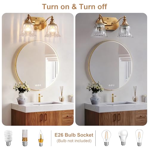 Image of Vintage 2-Light Brushed Gold Vanity Light, Crystal Glass Shade | Antique Gold Finish, Bathroom Lighting Fixtures Over Mirror, Wall Sconce Lighting for Bedroom, Living Room