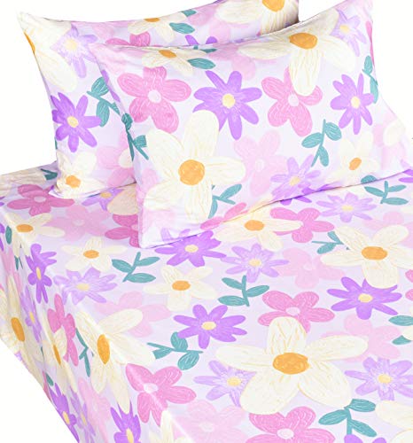 Image of Scientific Sleep Purple Flower Painting Girls 100% Cotton 4 Pcs Full Bed Sheet Set Kids Toddler Teen, Flat Sheet & Fitted Sheet & Pillowcase Kids Bedding Set (Floret, Full)